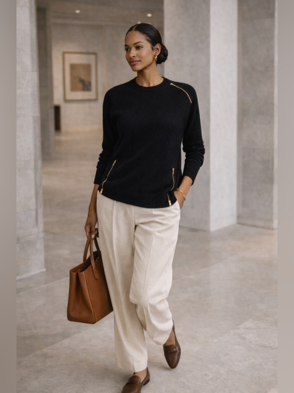 J.Crew Black 100% Wool Zip Detail Crewneck Sweater Quiet Luxury Minimalist